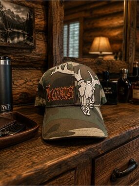 Camo Texas Trucker Hat with Deer Skull and Antlers